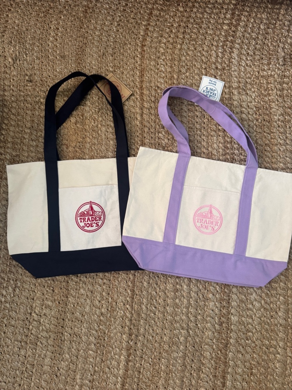 NWT Trader Joe’s Large Canvas Tote Bag - Lavender or Navy Trim Bundle of 2